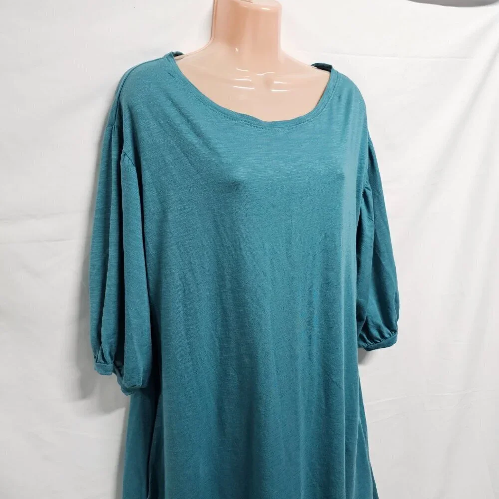 Peruvian Connection Women Short Tunic Dress Size L Teal Scoop Neck Puff Sleeve